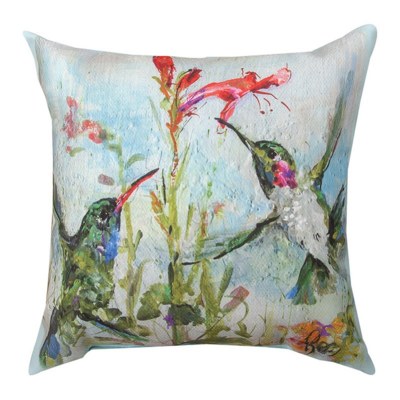 18" Sq Two Hummingbirds and a Red Flower Decorative Pillow