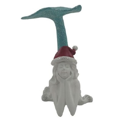 8" Blue and White Mermaid Wearing a Santa Hat