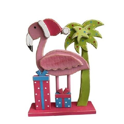 26" Christmas Flamingo and Palm Tree Wood Statue