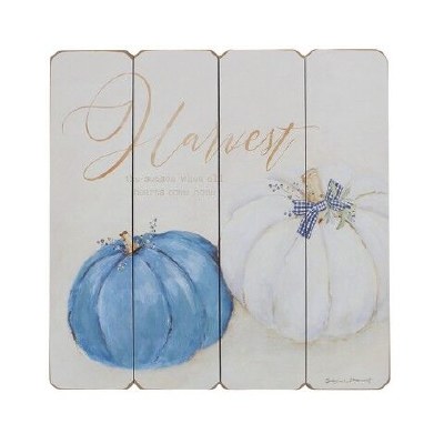 16" Sq Blue and White Pumpkin Plaque Fall and Thanksgiving Decoration