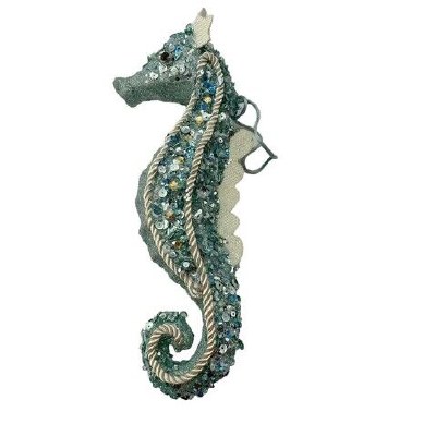 12" Blue and Green Beaded Seahorse Ornament
