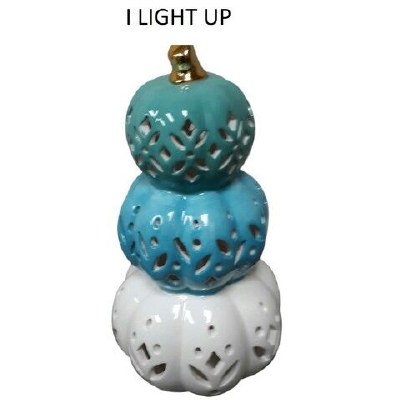 9" LED Green, Blue, and White Ceramic Stacked Pumpkins Fall and Thanksgiving Decoration