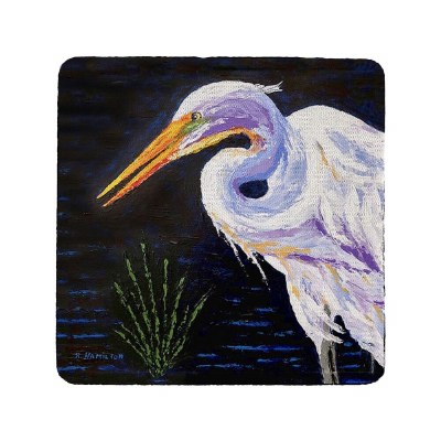 4" Square White Egret on Dark Blue Rubberized Coaster