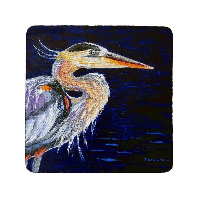 4" Square Blue Heron on Dark Blue Rubberized Coaster