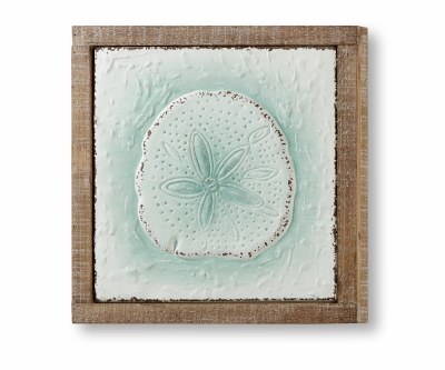 14" Sq White and Green Metal Sand Dollar Plaque with a Wood Border