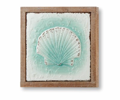 14" Sq White and Green Metal Scallop Shell Plaque with a Wood Border