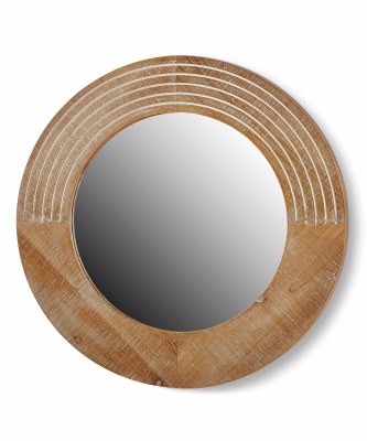28" Round Natural and White Wash Wood Wood Mirror