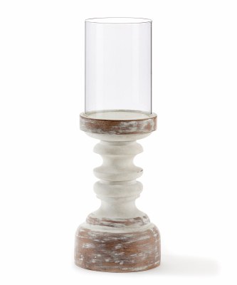 14" White Wash Pillar Candleholder With a Glass Hurricane