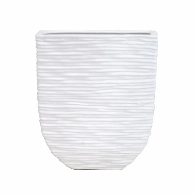 15" White Ribbed Flat Ceramic Vase