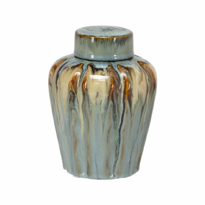 Small Green and Beige Drip Ceramic Jar With Lid