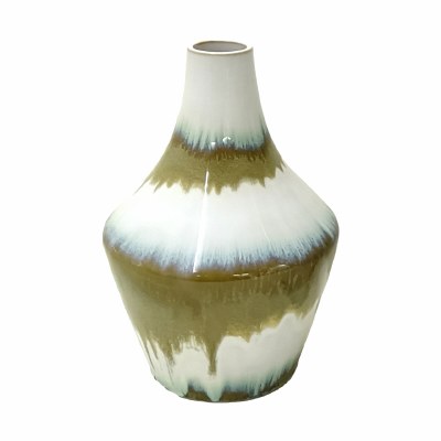 12" White and Dark Khaki Drip Ceramic Vase