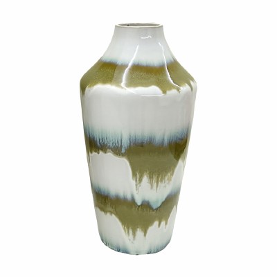 16" White and Dark Khaki Drip Ceramic Vase