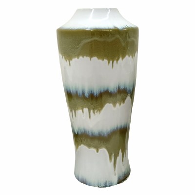 20" White and Dark Khaki Drip Ceramic Vase