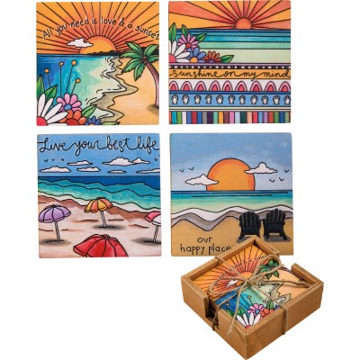 Set of 4 Love and Sunset Coasters with Holder