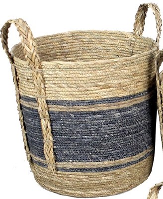 Large Dark Blue and Natural Wicker Basket With Handles