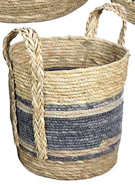 Small Dark Blue and Natural Wicker Basket With Handles