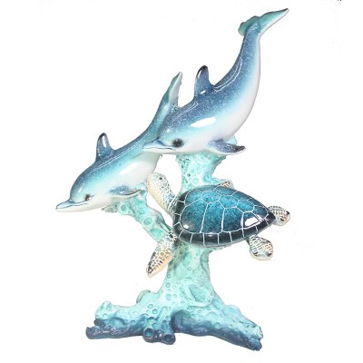 11" Two Resin Dolphins With a Turtle on Coral Figurine