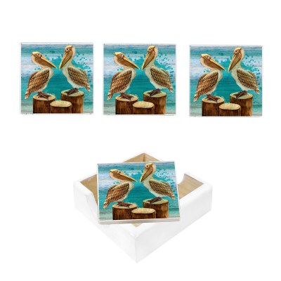 Set of Four Pelican Coasters With Holder