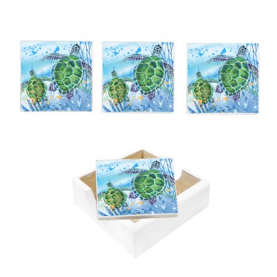 Set of Four Turtle With Baby Coasters With Holder