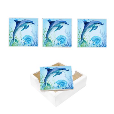 Set of Four Dolphin Coasters With Holder