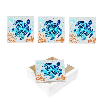 Set of Four Turtle and Coral Coasters With Holder