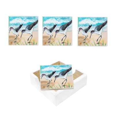 Set of Four Sandpiper Coasters With a Wood Holder