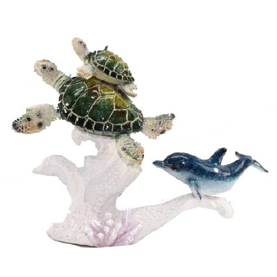 7" Two Resin Turtles and a Dolphin on Coral Figurine