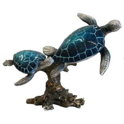 10" Silver and Blue Resin Two Turtles on Coral Figurine