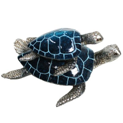 6.5" Silver and Blue Resin Turtle With a Baby Figurine