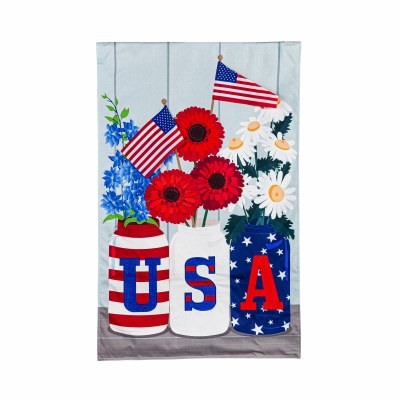 44" x 28" Red White Blue Flowers in Mason Jar Vases USA Garden Flag