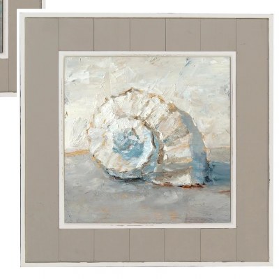24" Square Beige and Blue Snail Shell Coastal Framed Print Under Glass