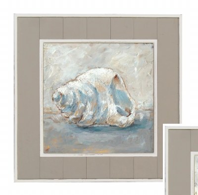 24" Square Beige and Blue Turbo Shell Coastal Framed Print Under Glass