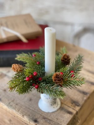 2" Opening Faux Red Berry and Pine Candle Ring