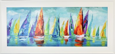 21" x 45" Multicolor Sailboats Gel Textured Coastal Print in White Frame