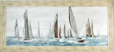30" x 66" Gray and Blue Sailboats Gel Textured Coastal Print in Gray Frame