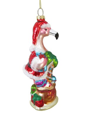 6" Flamingo Santa With Gifts Glass Ornament