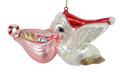 5" White Pelican With Gifts Glass Ornament