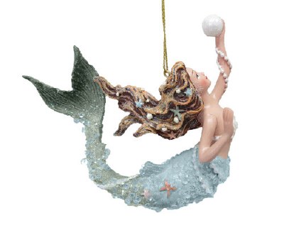 Blue Mermaid Holding a Faux Pearl Ornament