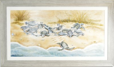 33" x 57" Gray Baby Turtles Gel Textured Print in a Gray Frame