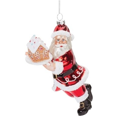 6.5" Glass Santa Holding a Gingerbread House Ornament