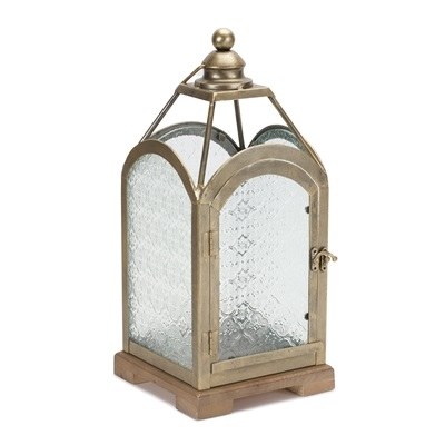16" Distressed Gold Glass and Metal Lantern
