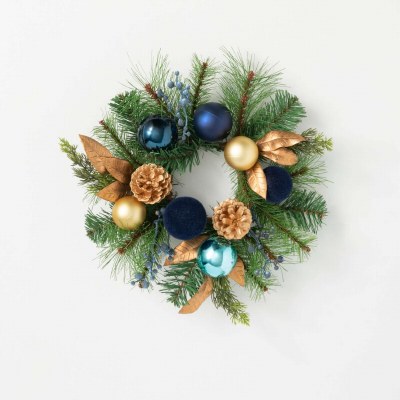 4.5" Opening Faux Blue and Gold Ornament Pine Candle Ring