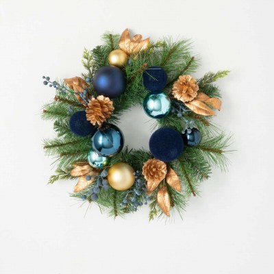 6.5" Opening Faux Blue and Gold Ornament Pine Candle Ring