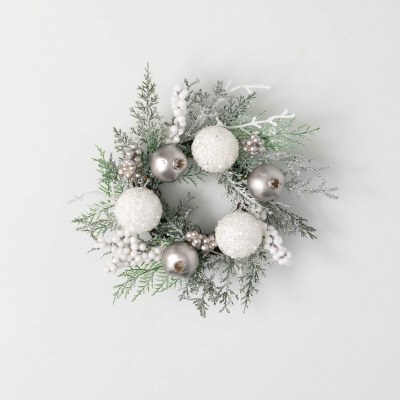 4.5" Opening Faux Silver, White, and Light Green Mixed Pine Candle Ring