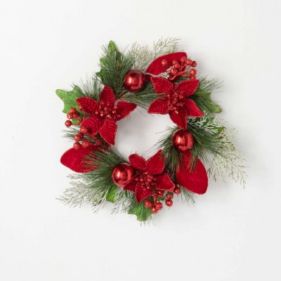 6.5" Opening Faux Red Poinsettia and Pine Candle Ring