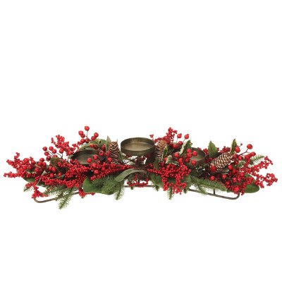 32" Faux Red Berry and Pine Triple Candleholder Centerpiece