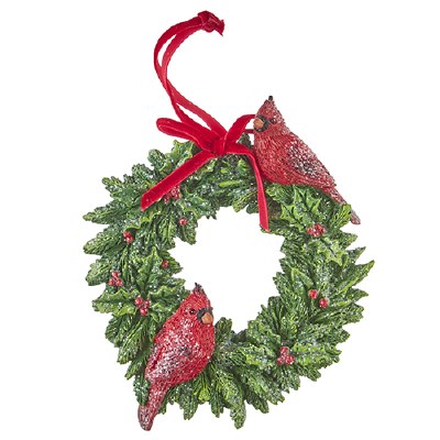 6" Resin Wreath With Cardinals Ornament