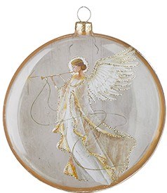 5.5" Round White and Gold Angel Glass Disk Ornament