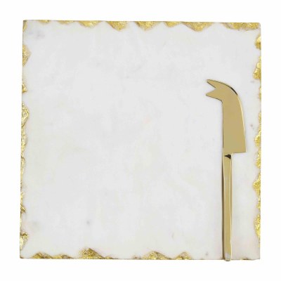 9" Sq White Marble With a Gold Edge Cheese Board With a Gold Knife by Mud Pie