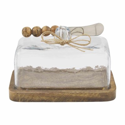 6" Brown Wood and Glass Butter Dish With a Spreader by Mud Pie